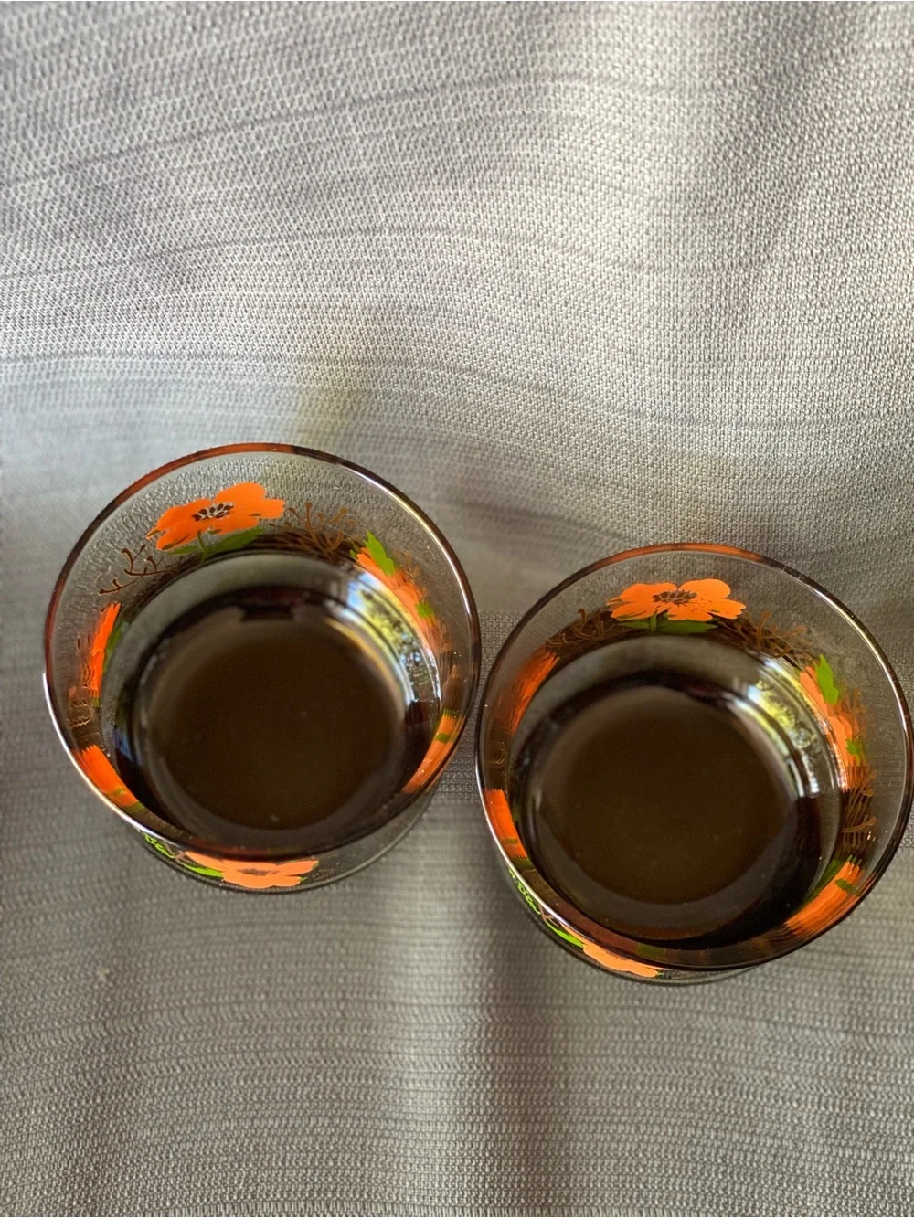 Vintage M. Dia Libbey Floral Smoked Glass Lowball Tumblers Set of 2